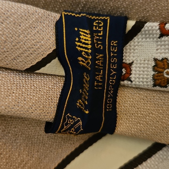 Vtg PRINCE BELLINI MCM Tan Striped Floral Clip-on Tie - Picture 6 of 7